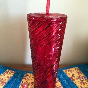 Starbucks Red Holiday Twisted Tumbler with Straw 24oz Textured Cup Venti Jeweled
